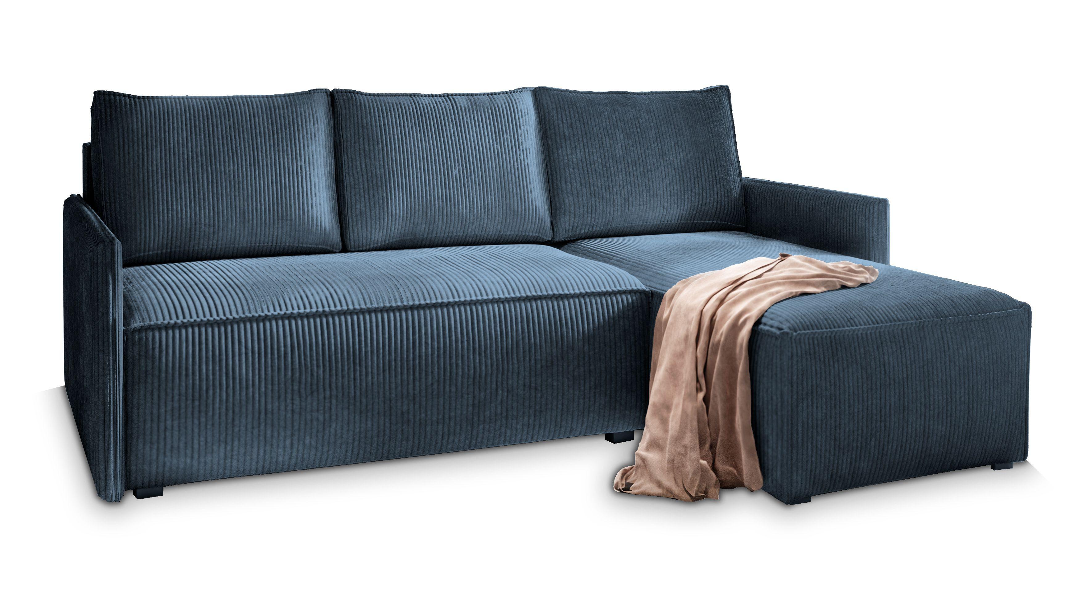 ECKSOFA PERUSI Blau Kordstoff mit Schlaffunktion - Blau/Grau, Holz/Kunststoff (206/143cm) - MASSENO