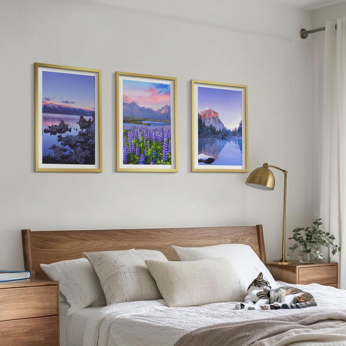 BILDER SET 3er Set - 40x60 cm Goldrahmen - Berglandschaften mit Wasser und Himmel - Goldfarben, Kunststoff (40/60cm) - TULUP