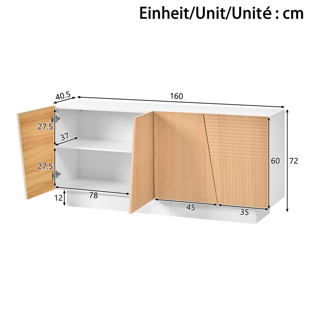 SIDEBOARD 160cm Weiß & Naturholzoptik mit 4 Türen & Geometrischen Rillen - Naturfarben, Holzwerkstoff (160/72/40.5cm) - Urban Meuble