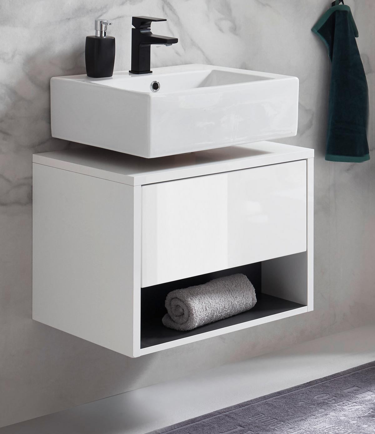 WASCHBECKENUNTERSCHRANK weiß Hochglanz, grau 60 cm, hängend - Weiß Hochglanz/Grau, Holzwerkstoff (60/44/46cm) - Furn.Design