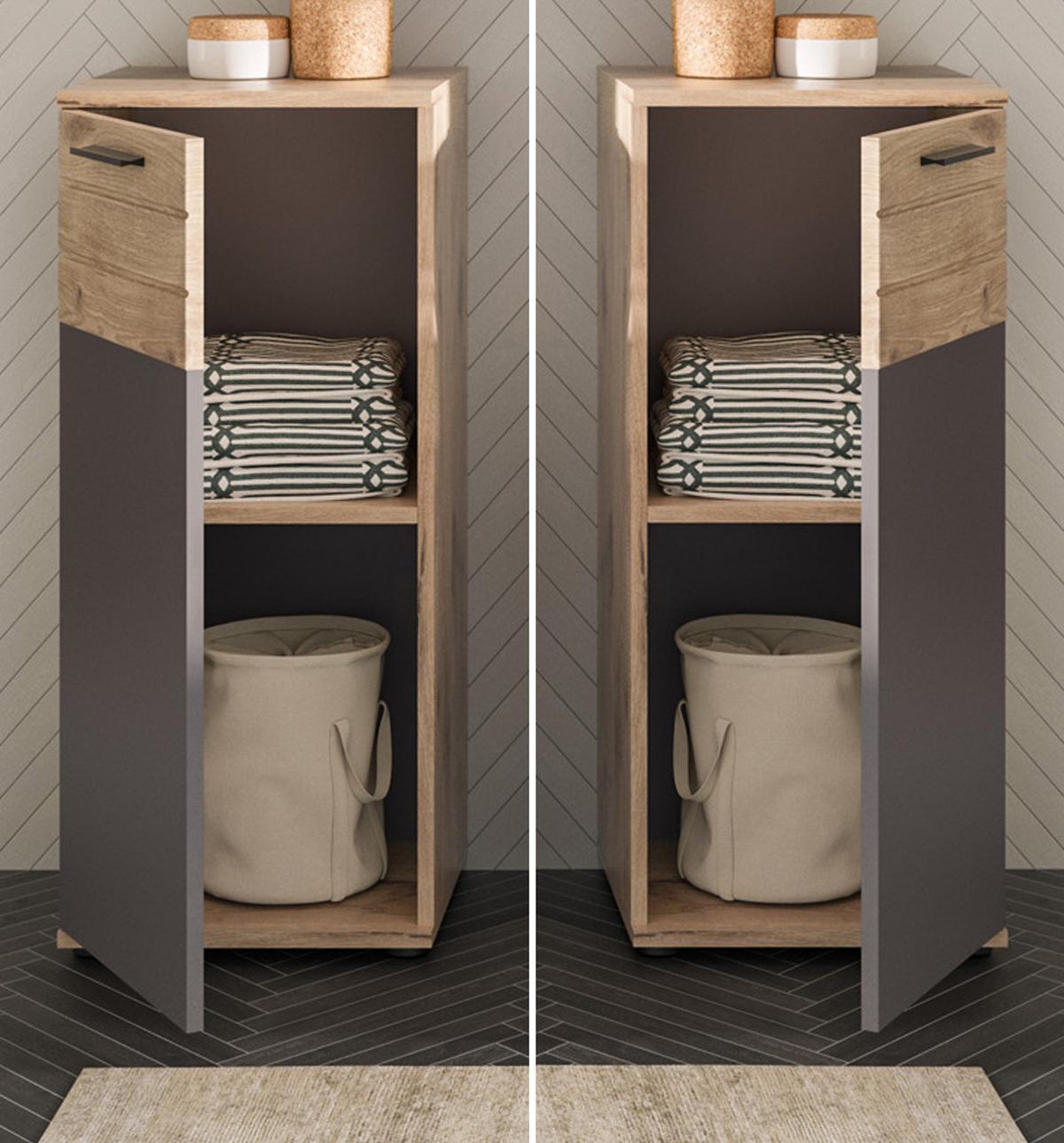UNTERSCHRANK Eiche grau 37 x 87 cm, Kommode mit Soft-Close, Badmöbel - Eichefarben/Schwarz, Holzwerkstoff/Kunststoff (37/87/34cm) - Inn.Furn