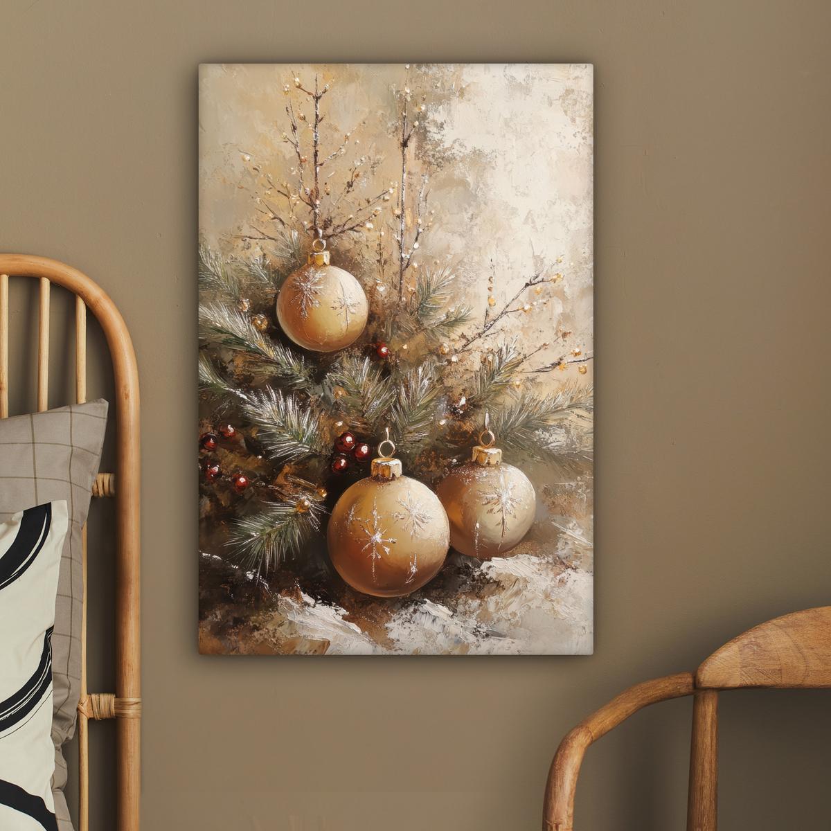 LEINWANDBILD Weihnachten - Kugeln - Beige - Gold Wanddeko Schlafzimmer 60x90 cm - Goldfarben, Textil (60/90cm) - MuchoWow