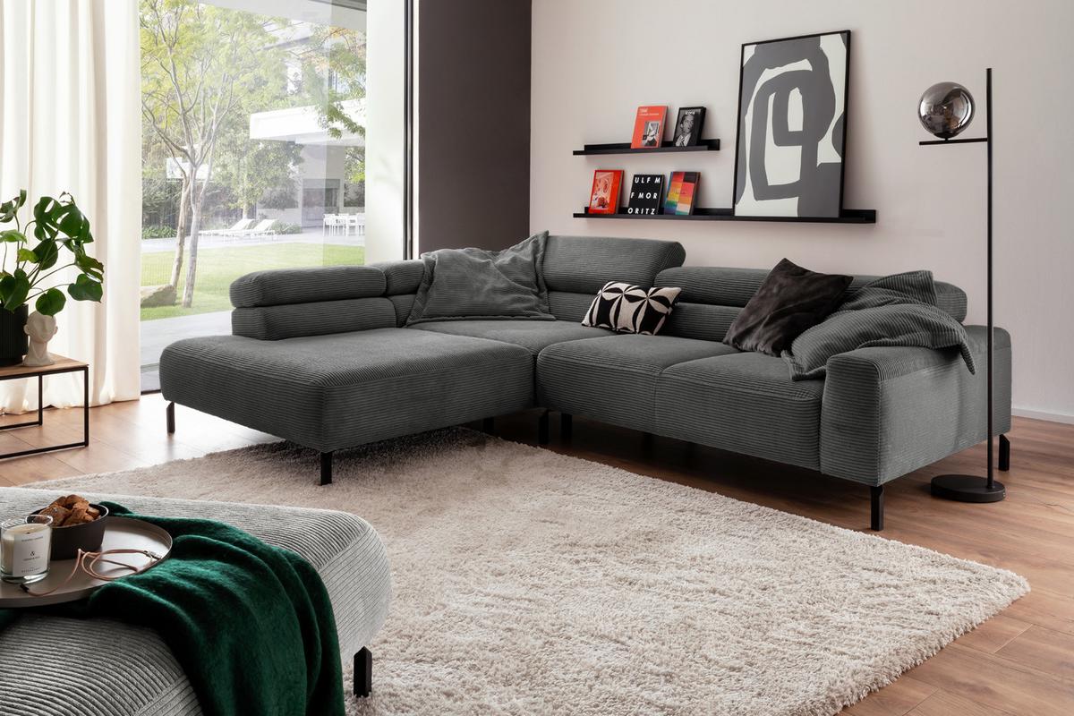 ECKSOFA DELIA Grau Cord Relaxfunktion - Schwarz/Grau, Textil/Metall (276/219cm) - KAWOLA