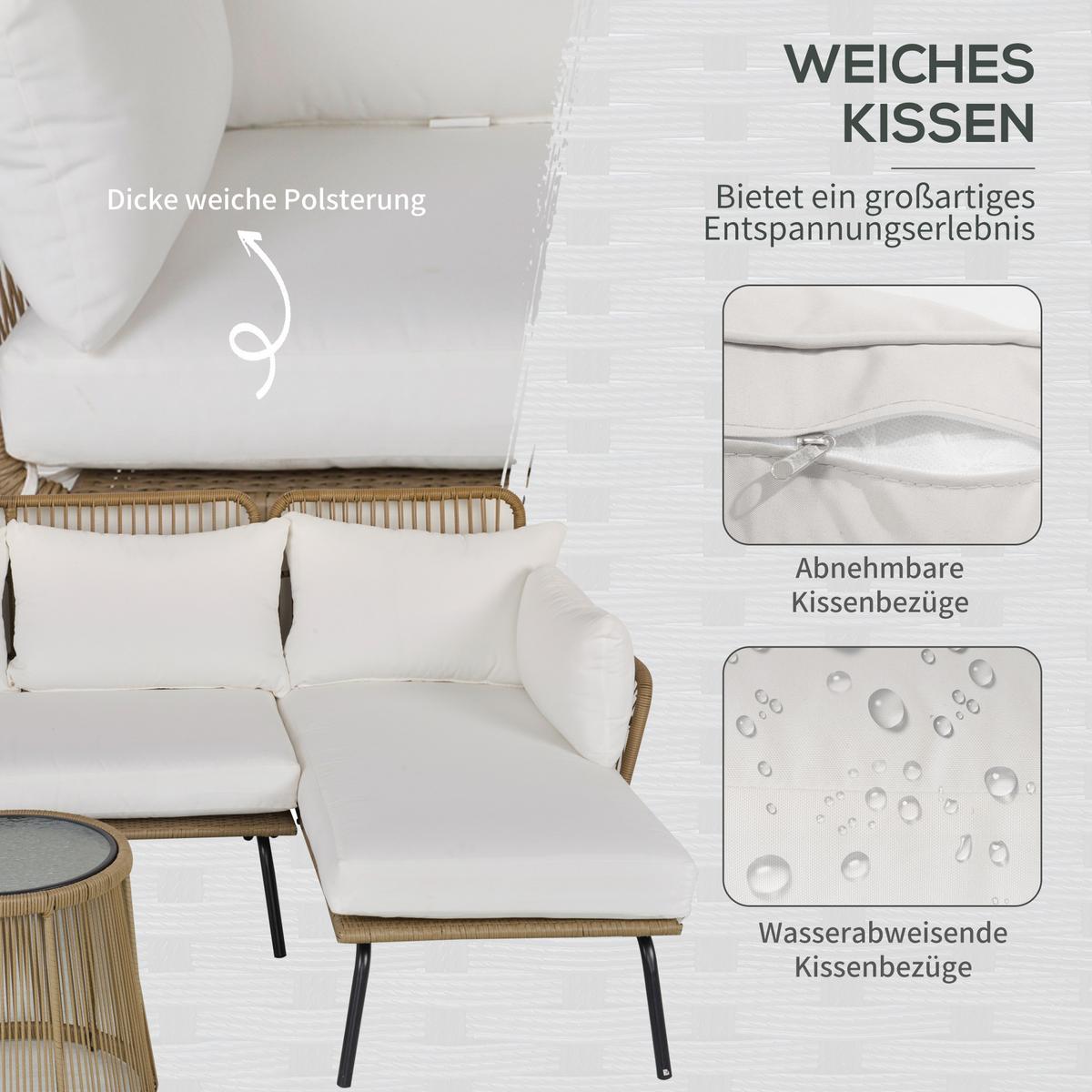 GARTENMÖBEL-SET mit Kissen, mit 1 Beistelltisch, für Garten, Terrasse, Stahl, Kaffee - Creme, Kunststoff - Outsunny