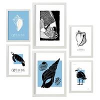 POSTER Set Mit 6 In Schwarzer Tinte Muscheln Kunstdrucke Von Meer Und Ozean Für Innenarchitektur A3 & A4 Weißer Rahmen - Weiß, Papier (29/3cm) - Nacnic