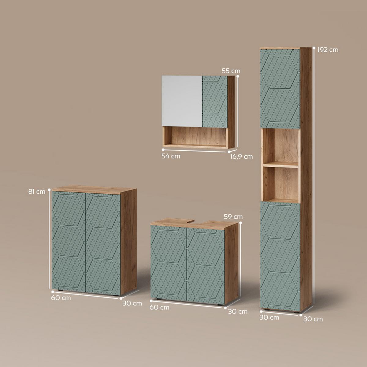 BADMÖBEL-SET Ronco Grün/Goldkraft Eiche 4 Teile, mit Hochschrank und Kommode - Honigeiche/Grün, Holzwerkstoff (60/59/30cm) - Livinity®