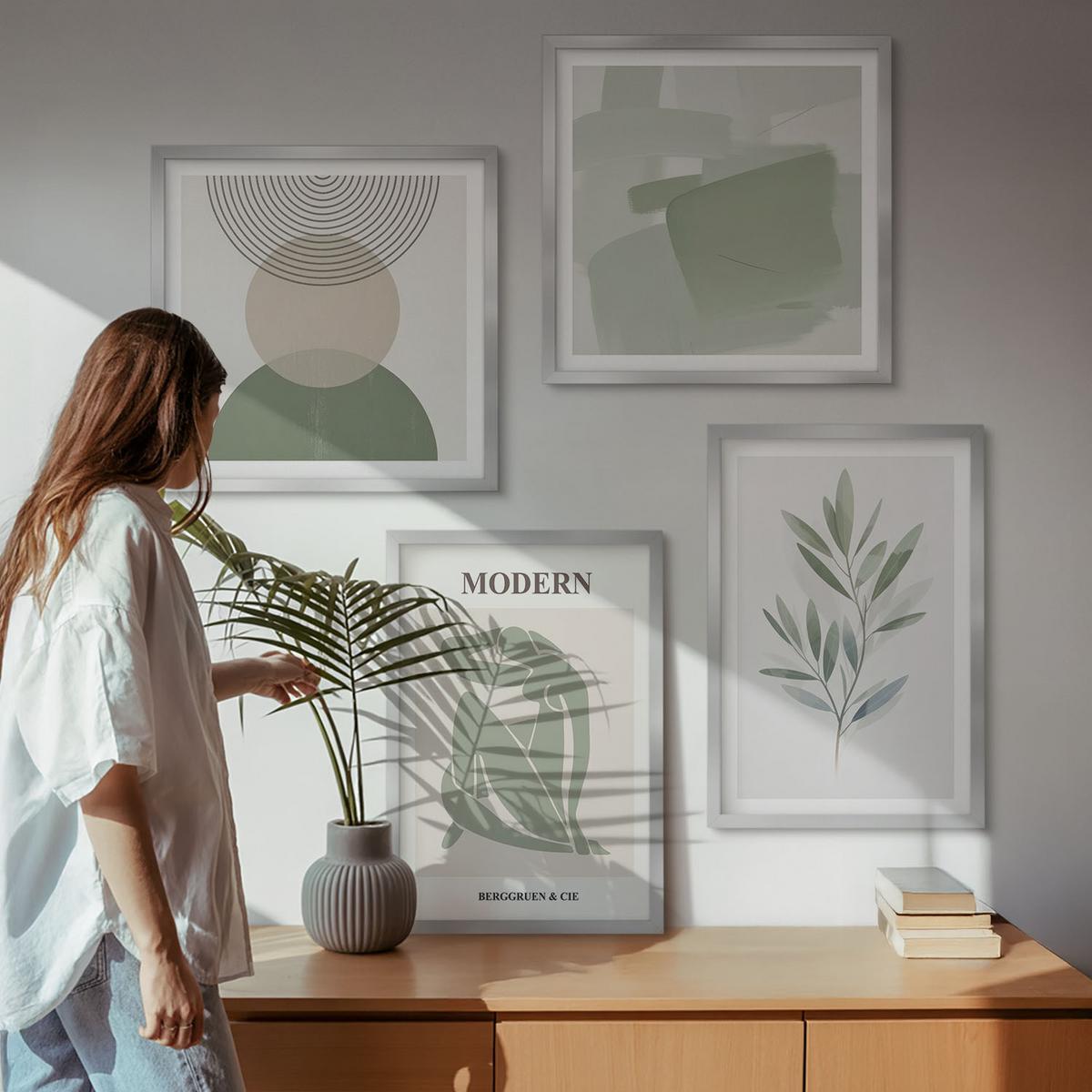 BILDER SET 4er Set - 50x50 cm & 40x60 cm Silberner Rahmen - Stilvolle abstrakte Pflanzengrafiken - Silberfarben, Kunststoff (50/50cm) - TULUP