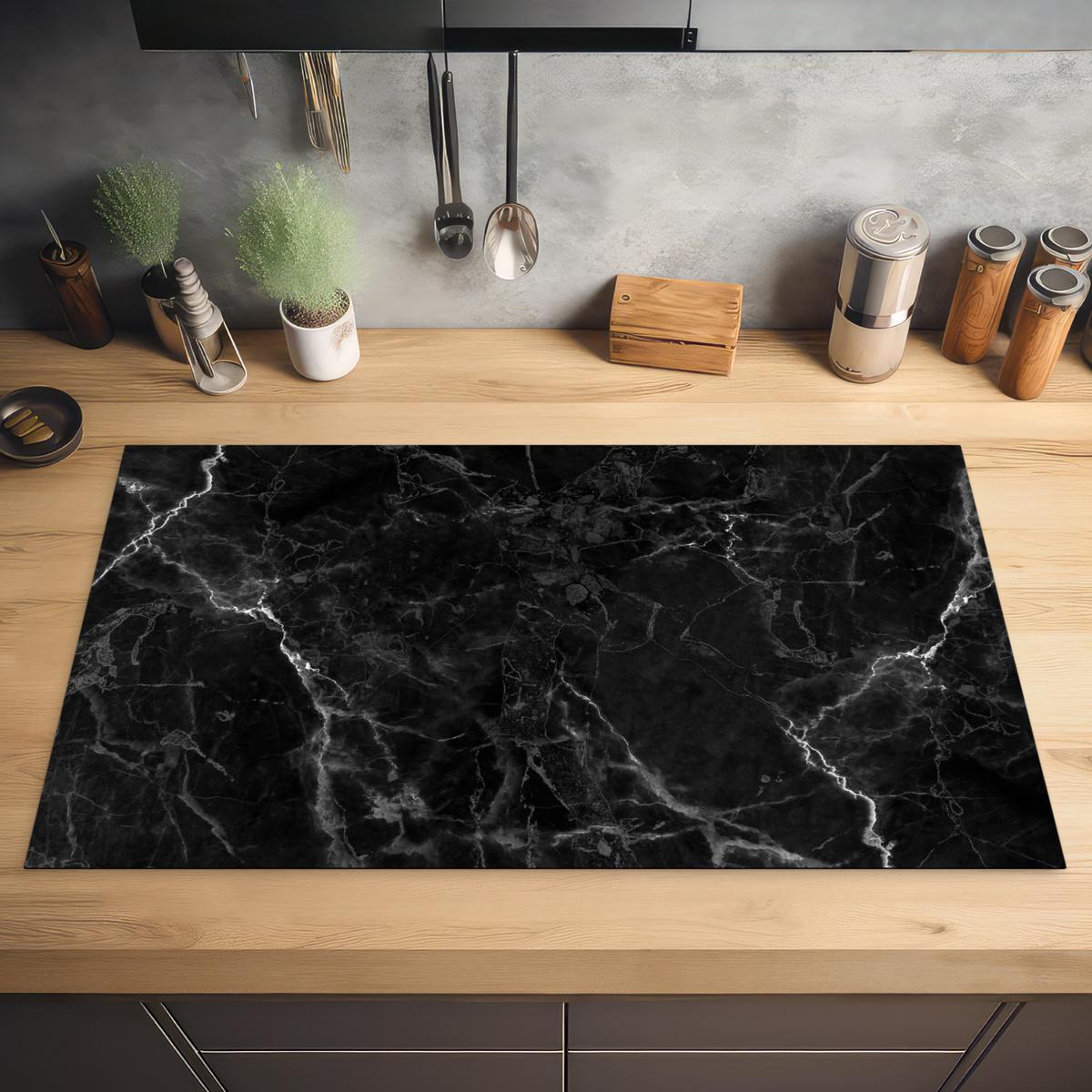 HERDABDECKPLATTE Marmor - Schwarz - Weiß - Textur - Marmoroptik Ceranfeldabdeckung 90x52 cm - Silberfarben, Kunststoff (90/52/0.2cm) - MuchoWow