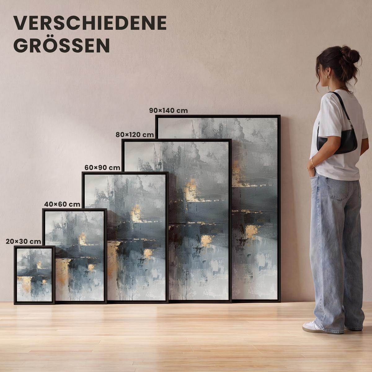LEINWAND Bilder mit Rahmen - Kunst - Grau - Gold - Abstrakt - 100x150 - Dunkelgrau, Textil (100/150cm) - MuchoWow