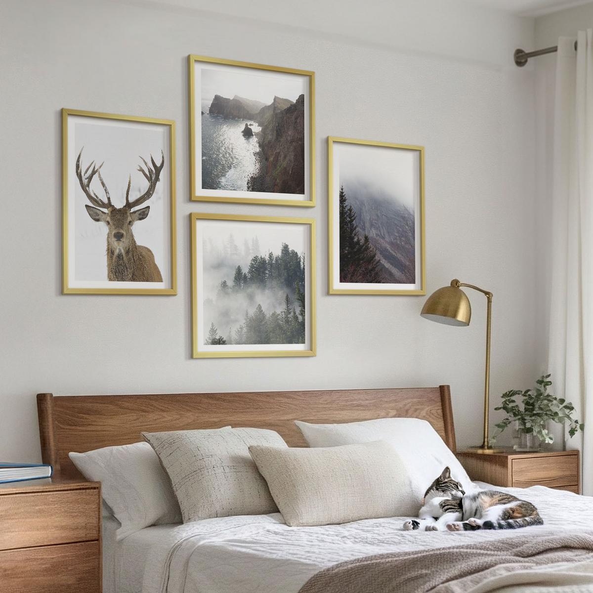 BILDER SET 4er Set - 50x50 cm & 40x60 cm Goldrahmen - Berglandschaft Nebel Hirsch - Goldfarben, Kunststoff (50/50cm) - TULUP