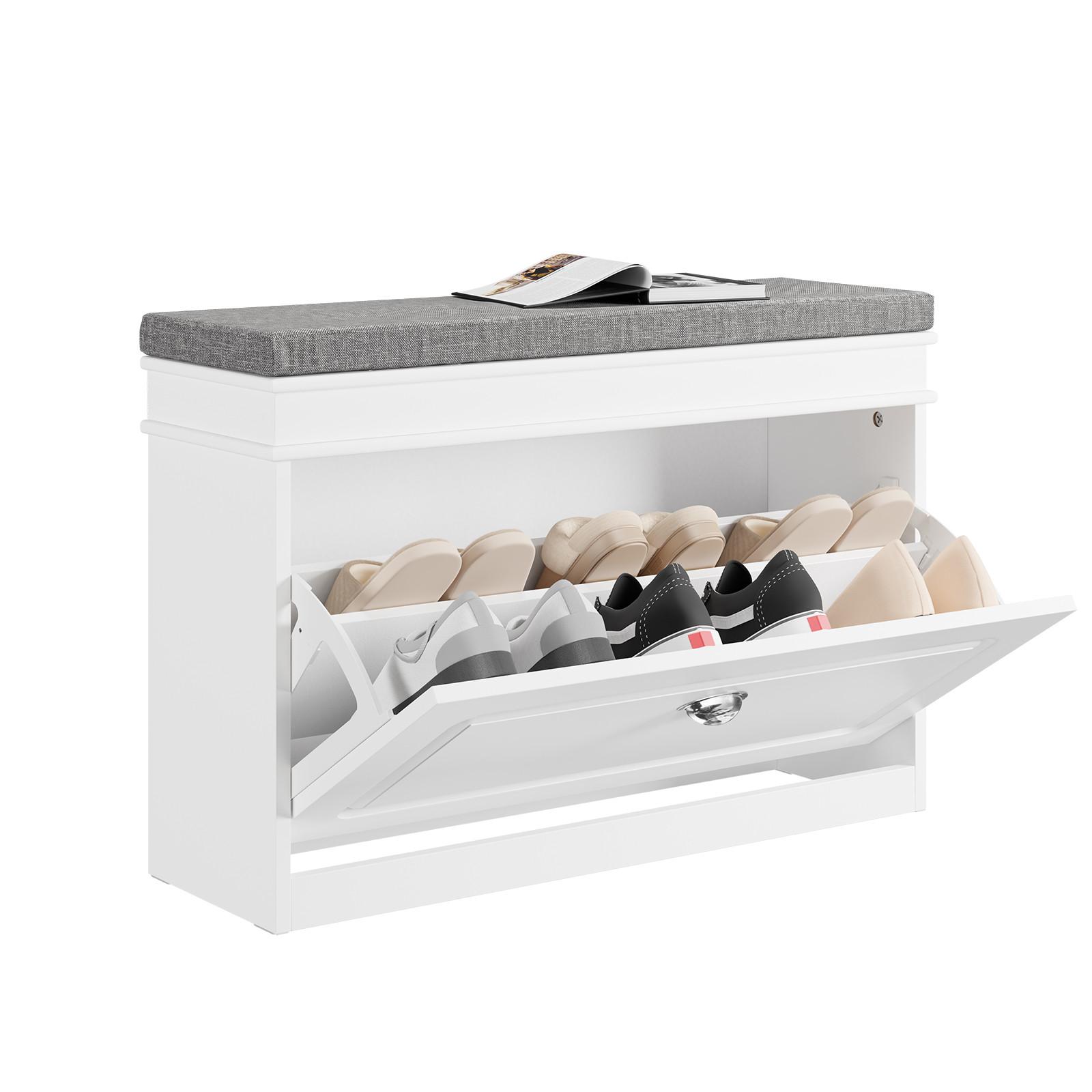 SCHUHBANK mit Sitzkissen und Klappe, Weiß 75x51x24cm - Weiß, Holzwerkstoff (75/51/24cm) - SoBuy