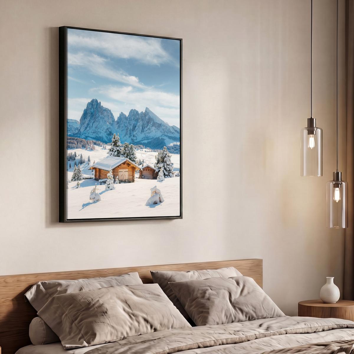 LEINWAND Bilder mit Rahmen - Winter - Hütte - Berge - Aussicht - Schnee - 70x100 - Eichefarben, Textil (70/100cm) - MuchoWow