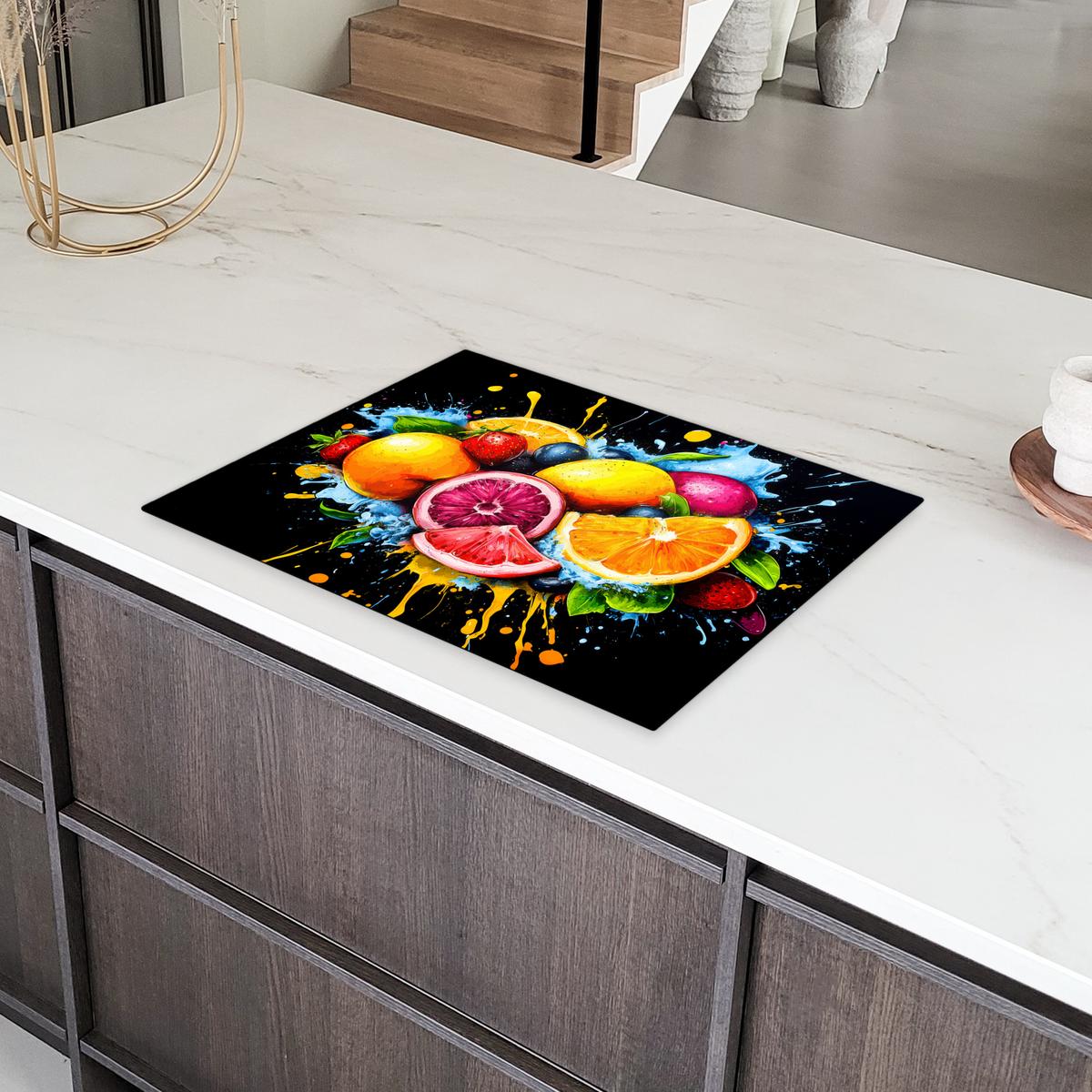 HERDABDECKPLATTE Obst - Graffiti - Bunt - Orange - Erdbeere - Abstrakt Induktionsmatte 71x52 cm - Orange, Kunststoff (71/52/0.2cm) - MuchoWow
