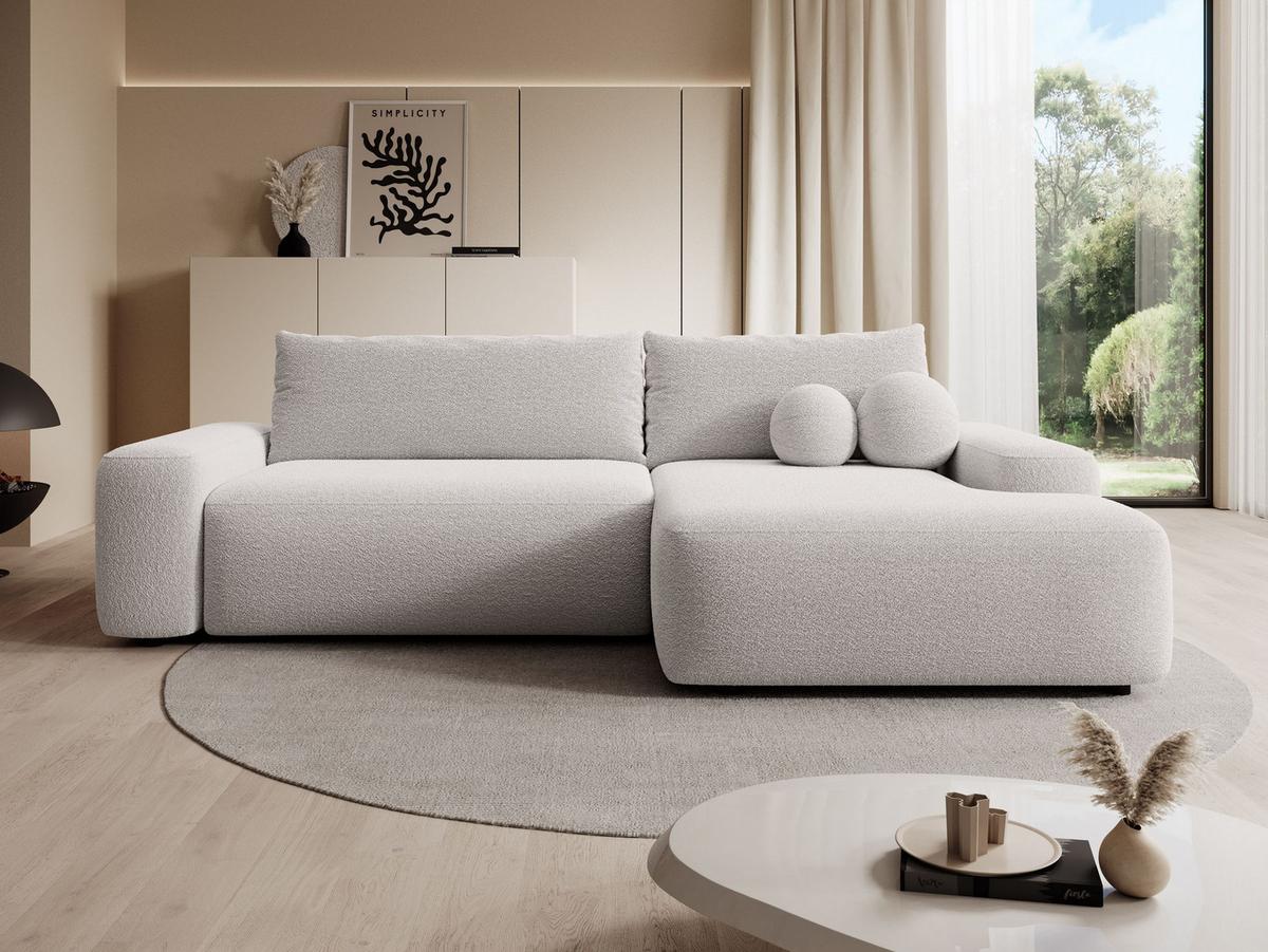 ECKSOFA RUOTA Grau Boucle-Stoff mit Schlaffunktion - Grau, Holz (264/162cm) - MASSENO