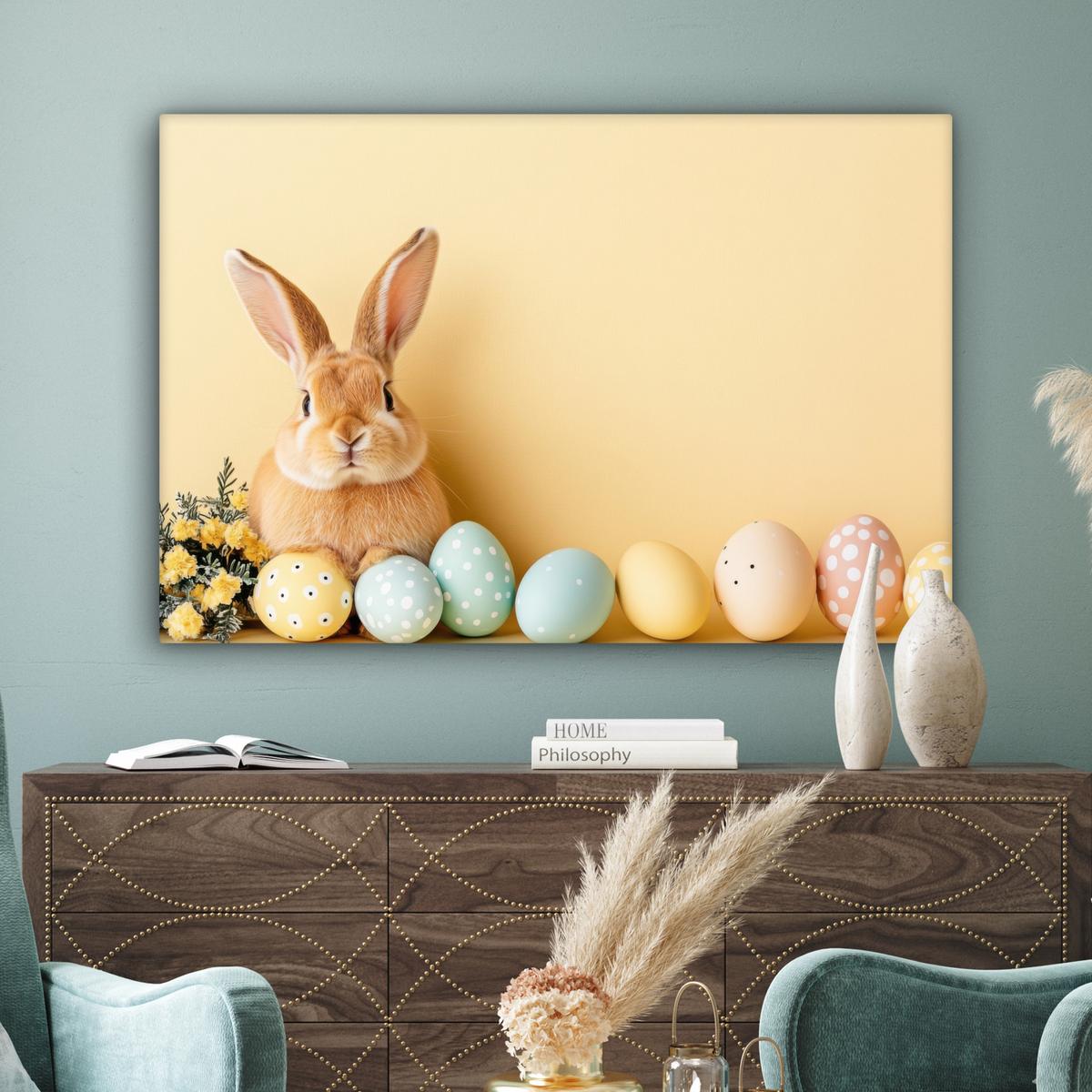 LEINWANDBILD Eier - Kaninchen - Pastellfarbtöne Groß 140x90 cm - Hellgelb, Textil (140/90cm) - MuchoWow