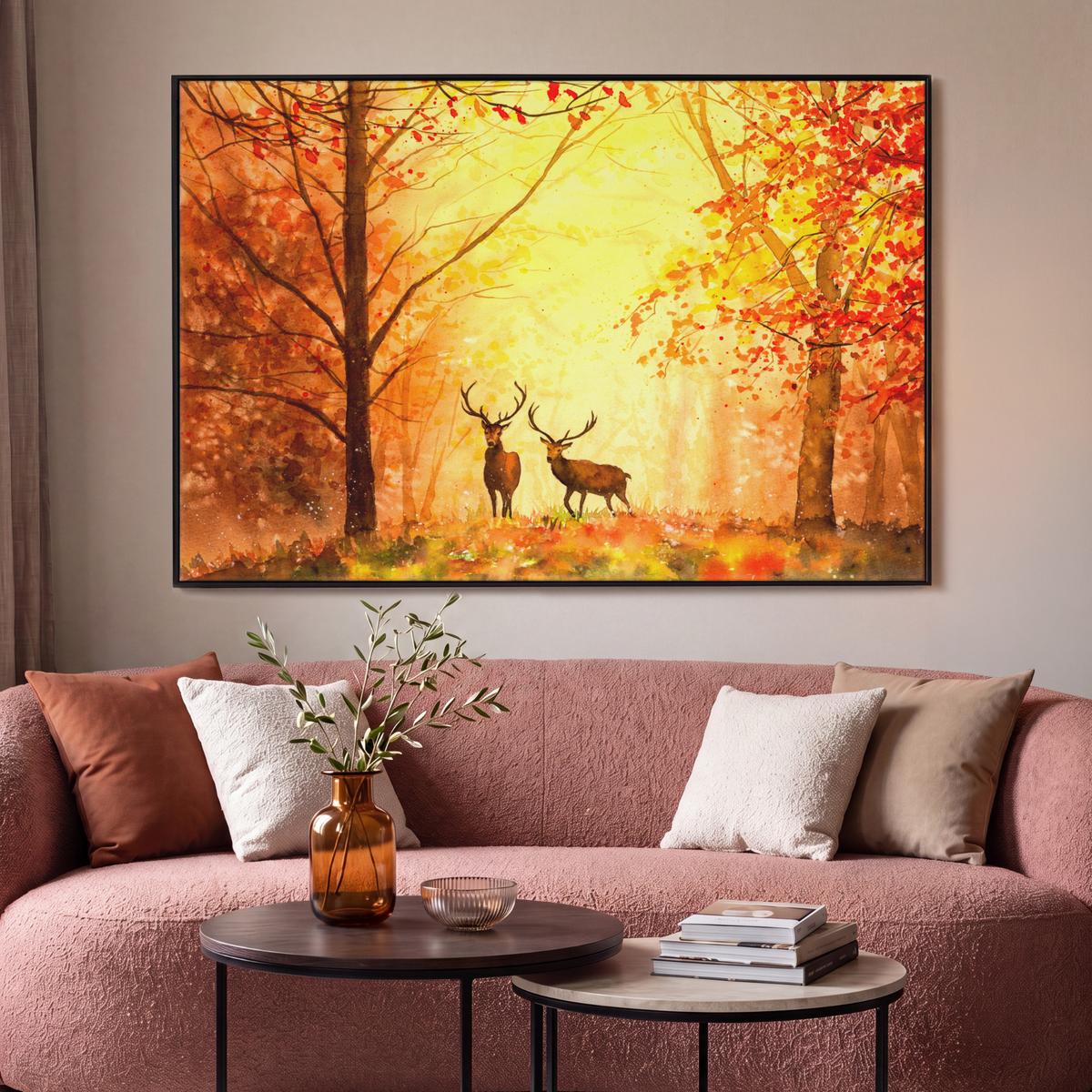 LEINWAND Bilder mit Rahmen - Natur - Ölfarbe - Hirsche - Tiere - Herbst - Orange - 120x80 - Orange, Textil (120/80cm) - MuchoWow