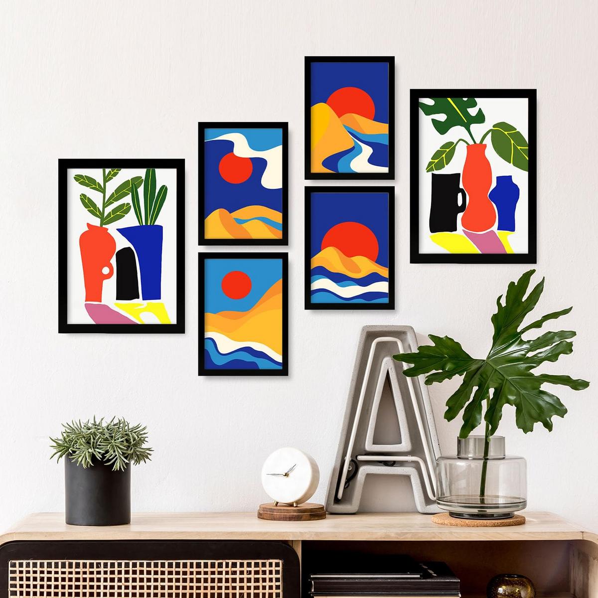 POSTER Set Mit 6 Zehn Formen In Kulissen Abstracts Ästhetische Dekorative Gemälde Für Ihr Wohnzimmer, Schlafzimmer, Zuhause A3 & A4 Schwarzer Rahmen - Schwarz, Papier (29/3cm) - Nacnic
