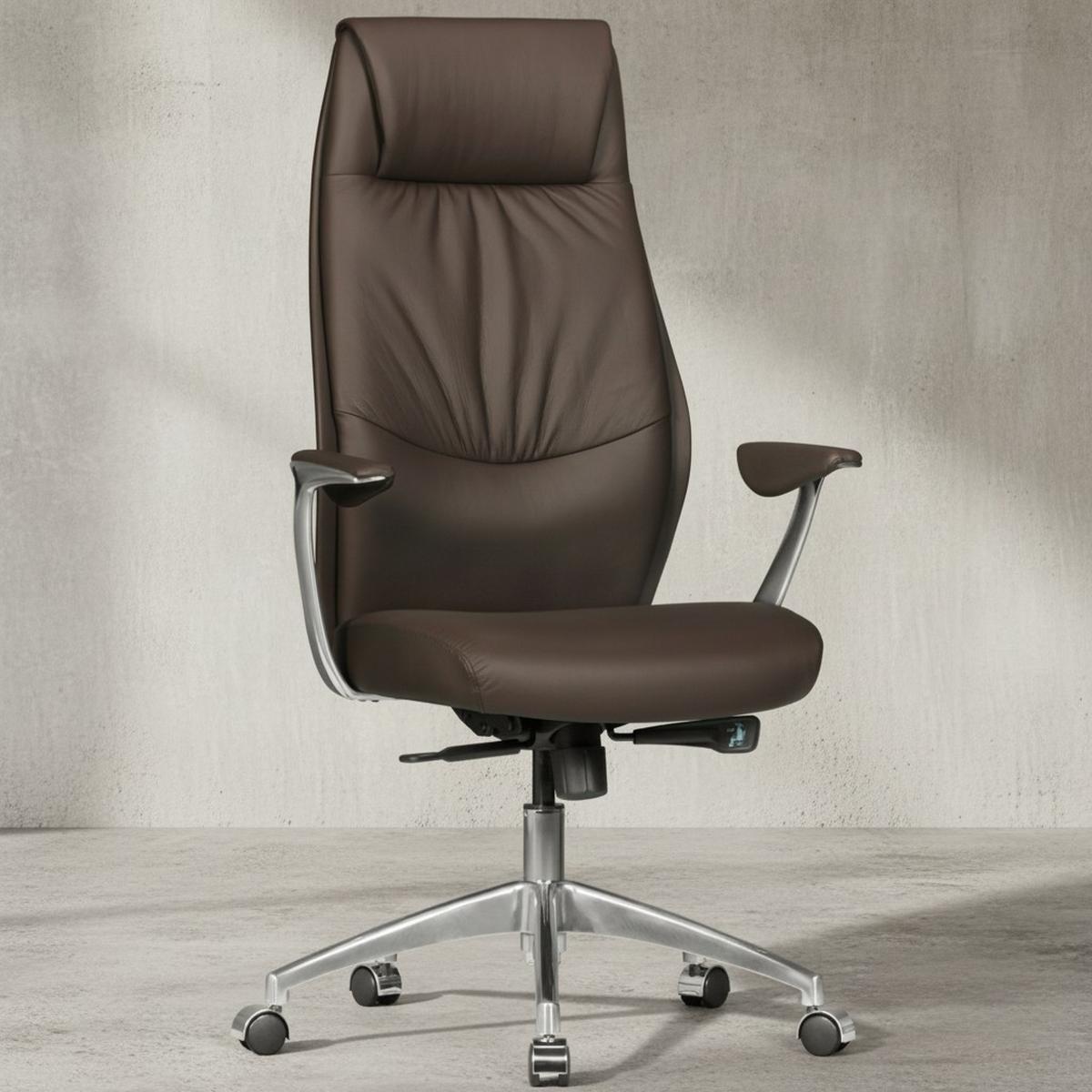 CHEFSESSEL Echtleder mit 3-Stufen-Synchronmechanik und Aluminiumfußkreuz TEMZA, Braun 67x58x125 cm - Silberfarben/Braun, Leder/Metall (67/125/58cm) - KADIMA DESIGN
