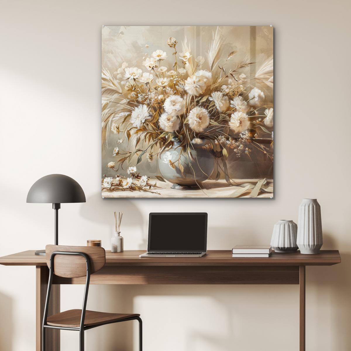 ACRYLGLASBILD Blumen - Vase - Stilleben - Beige 90x90 cm - Creme, Glas (90/90cm) - MuchoWow