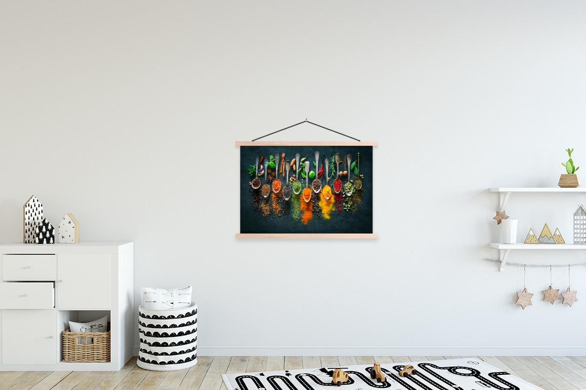 POSTER MIT MAGNETLEISTEN Kräuter - Gewürze - Löffel Wanddeko 90x60 cm - Currygelb, Textil (90/60/0.15cm) - MuchoWow