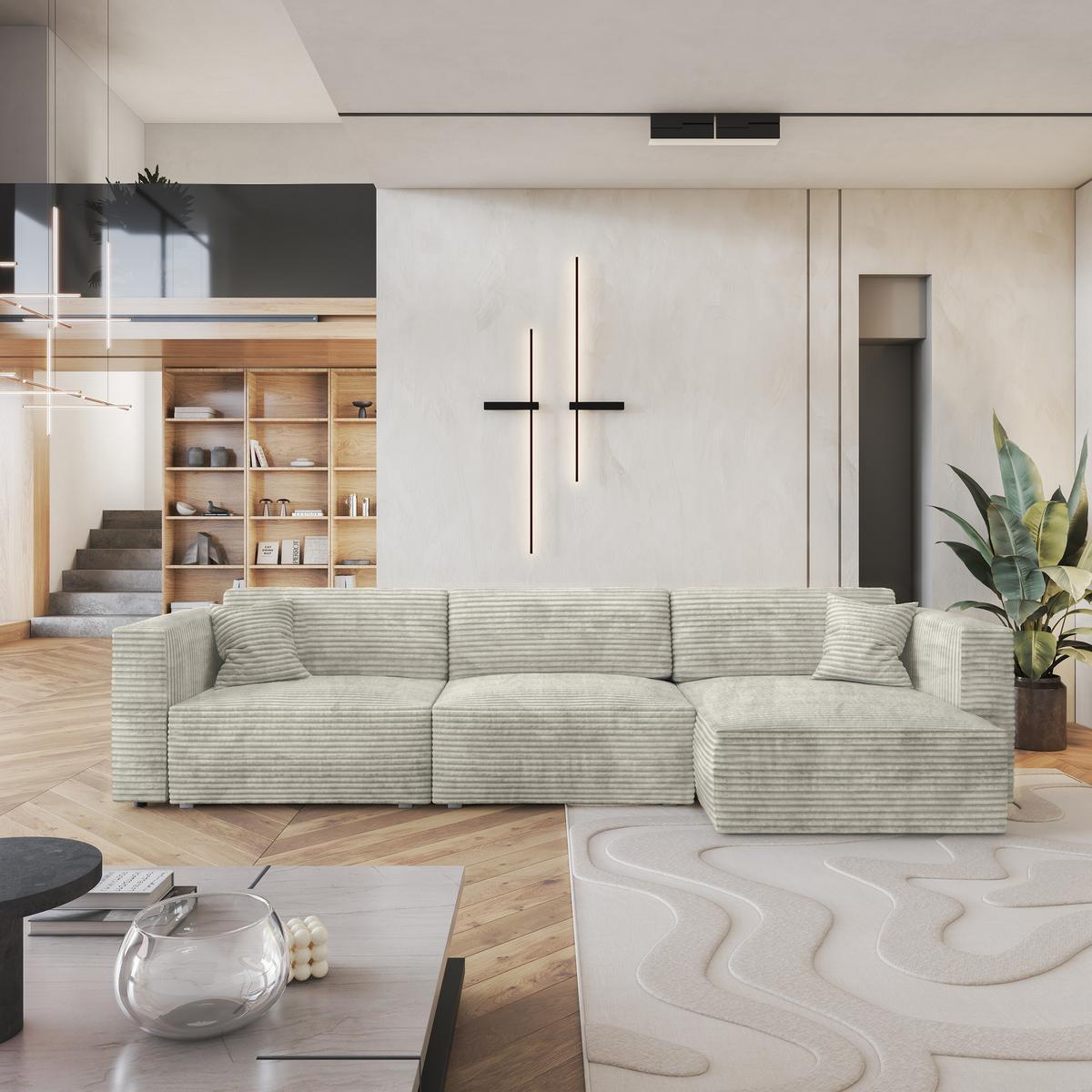 ECKSOFA TOLMO Hellgrau Kordstoff mit Schlaffunktion - Hellgrau/Grau, Holz/Kunststoff (347/148cm) - MASSENO