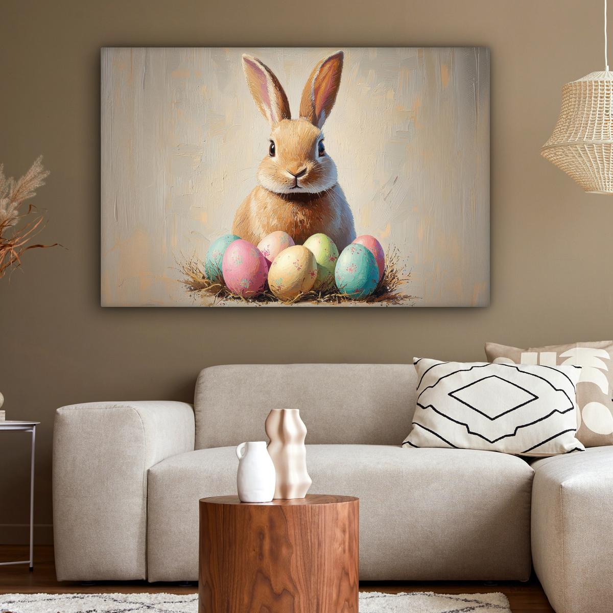 LEINWANDBILD Osterhase - Pastell - Eier Wohnzimmer Groß 120x80 cm - Beige, Textil (120/80cm) - MuchoWow