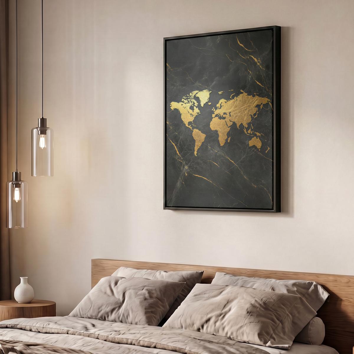 LEINWAND Bilder mit Rahmen - Weltkarte - Gold - Marmor - 50x70 - Goldfarben, Textil (50/70cm) - MuchoWow