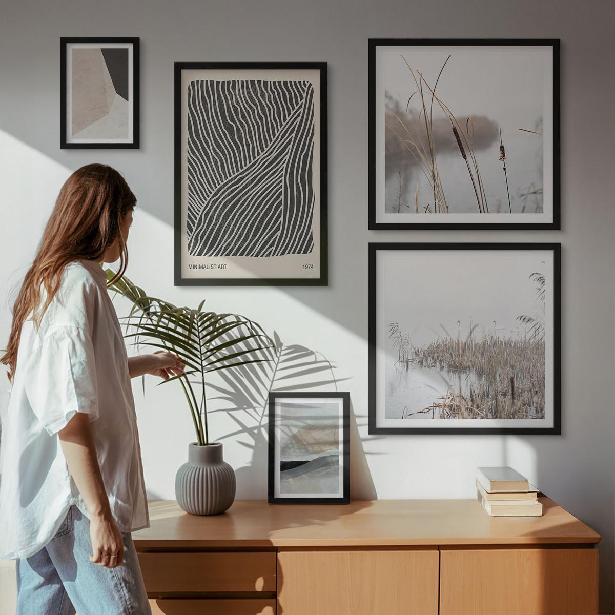 BILDER SET 5er Set - 50x50 cm & 20x30 cm & 40x60 cm Schwarzer Rahmen - Abstrakte Boho-Dekorationsmuster - Schwarz, Kunststoff (40/60cm) - TULUP
