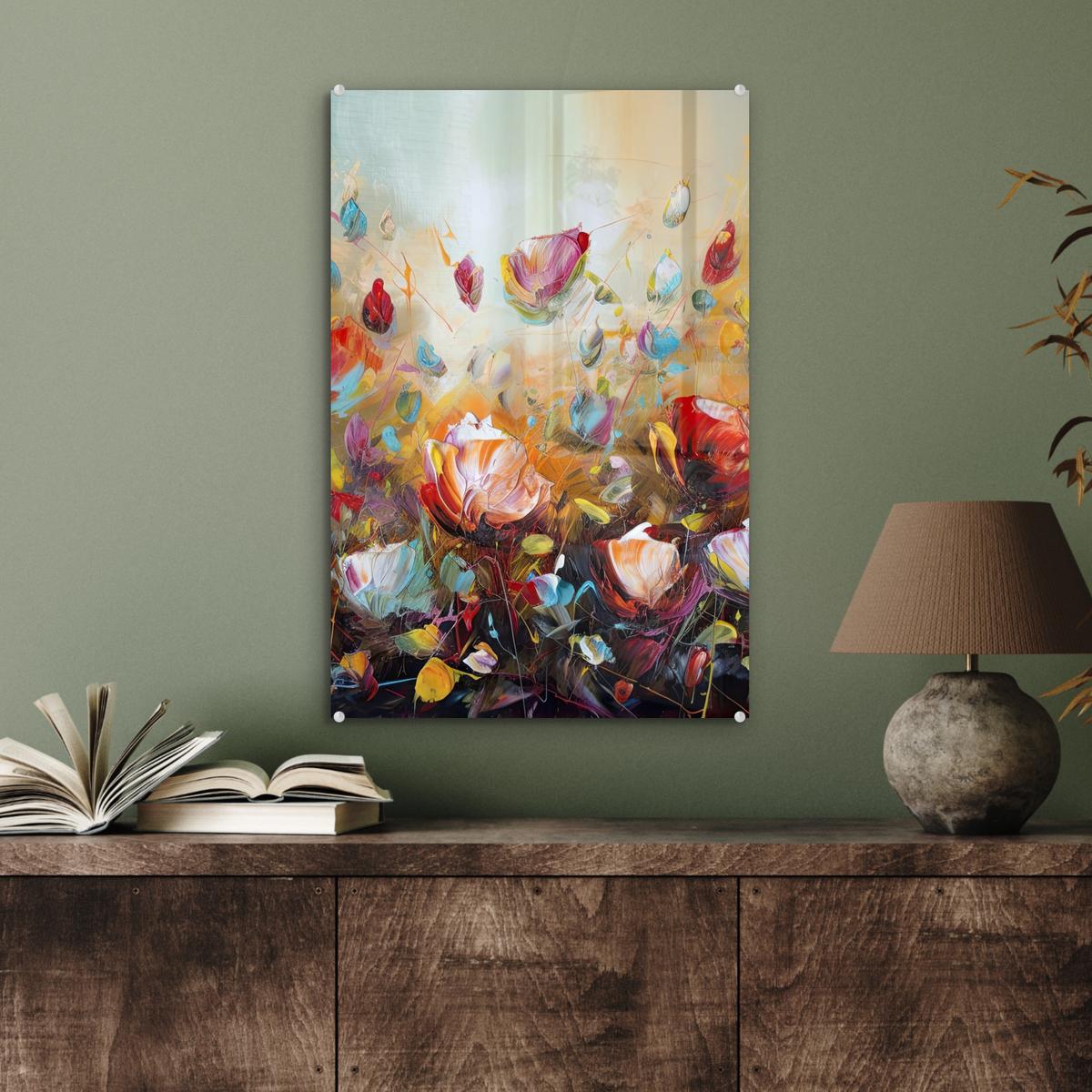 ACRYLGLASBILD Blumen - Kunst - Natur - Ölgemälde Wanddeko Wohnzimmer 40x60 cm - Multicolor, Glas (40/60cm) - MuchoWow