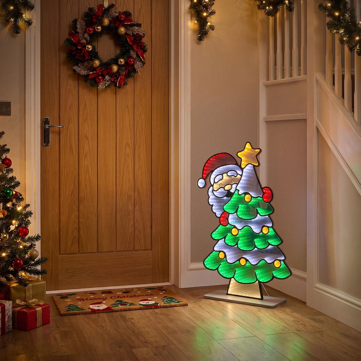 WEIHNACHTSDEKO Weihnachtsbaum mit Weihnachtsmann LED Infinity Mirror 3D-Effekt mit Lichterkette 58x80 cm Innen - Multicolor, Kunststoff (58/80/18cm) - ECD-Germany