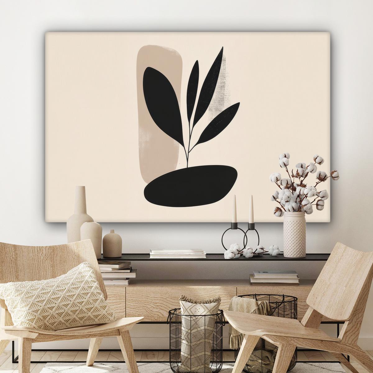 LEINWANDBILD Pflanze - Beige - Japanisch Wohnzimmer Groß 120x80 cm - Schwarz, Textil (120/80cm) - MuchoWow