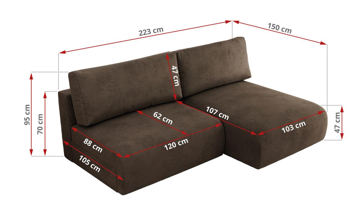 ECKSCHLAFSOFA VIVO L Braun Velvet - links - Schwarz/Braun, Kunststoff/Textil (223/150cm) - MKS