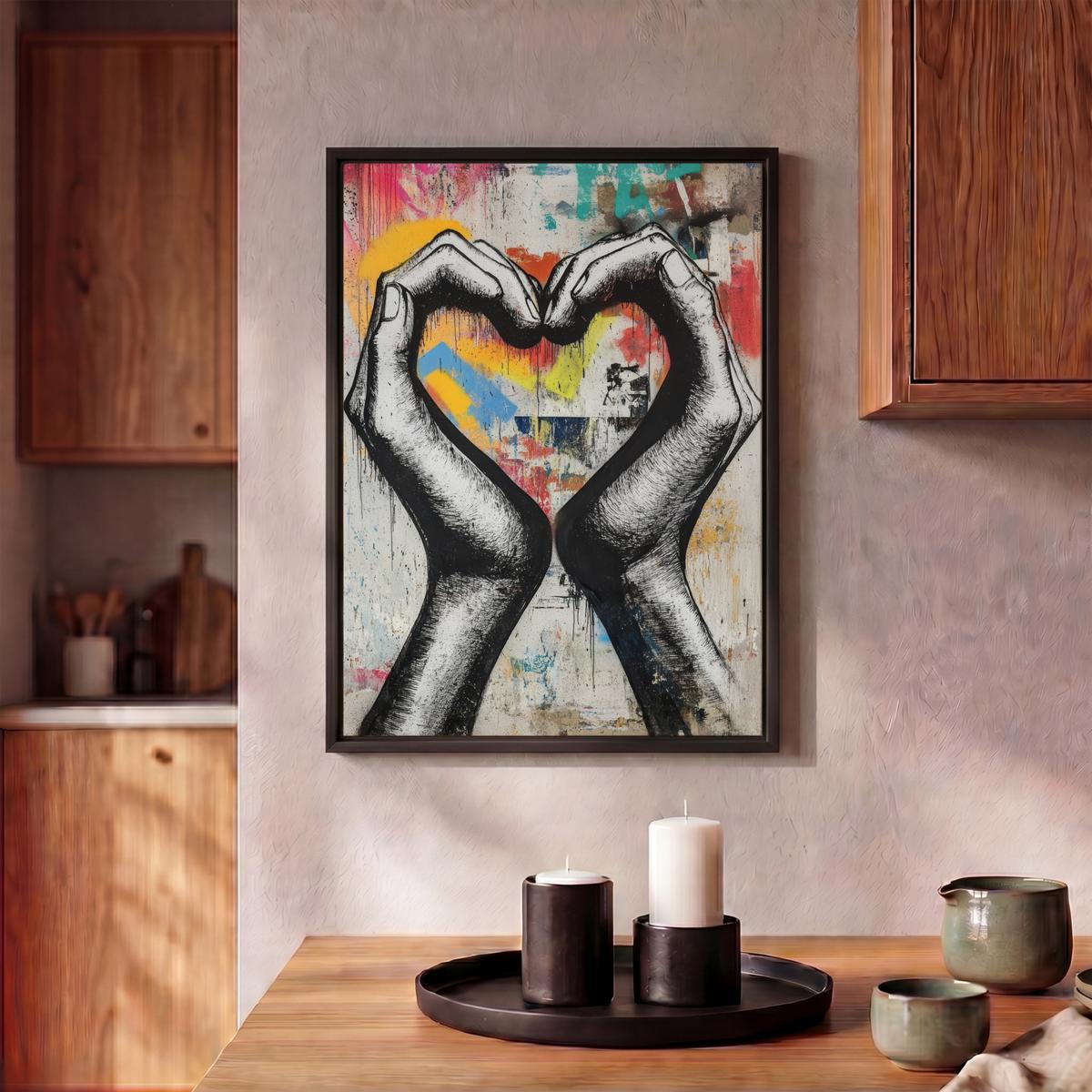 LEINWAND Bilder mit Rahmen - Hände - Herz - Straßenkunst - Graffiti - 30x40 - Multicolor, Textil (30/40cm) - MuchoWow