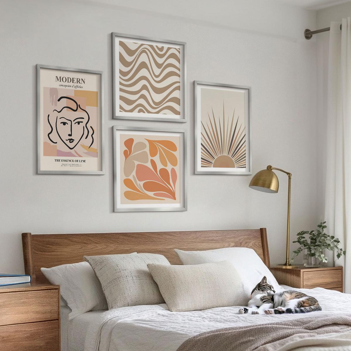 BILDER SET 4er Set - 50x50 cm & 40x60 cm Silberner Rahmen - Sonnen-Boho-Pastelltönen - Silberfarben, Kunststoff (50/50cm) - TULUP