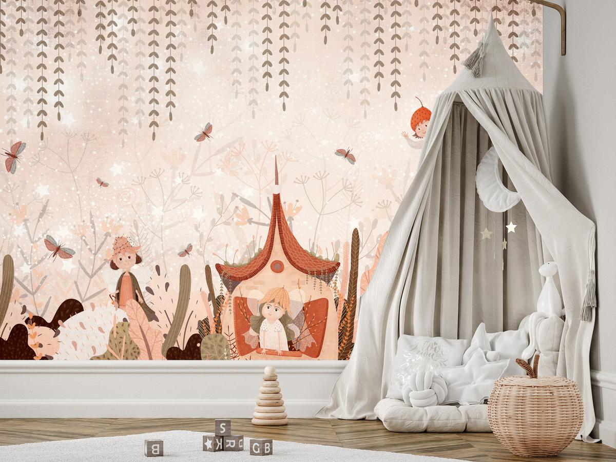 FOTOTAPETE für Kinderzimmer Feen Aquarell Wald Blumen Blätter Boho 250x175 - Beige/Orange, Papier (250/175cm) - Muralo