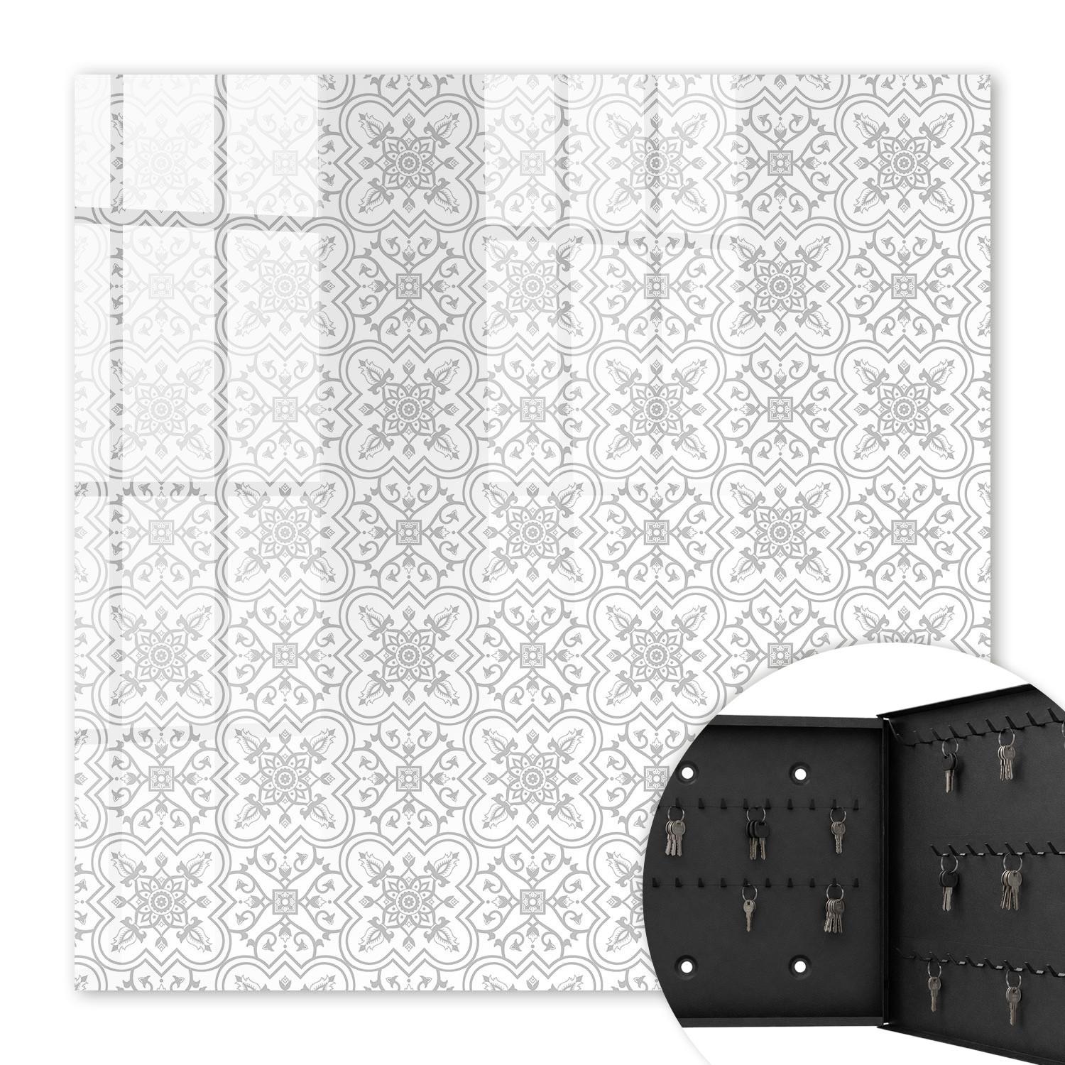 SCHLÜSSELBOX Schwarz 30x30 cm- Türöffnung nach rechts - Geometrisches Muster - Weiß, Metall (30/30/5cm) - TULUP