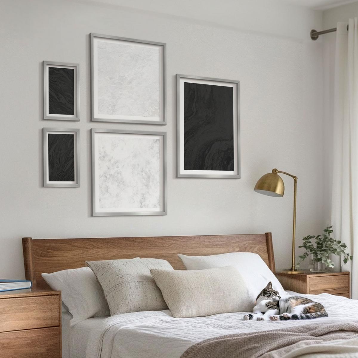 BILDER SET 5er Set - 50x50 cm & 20x30 cm & 40x60 cm Silberner Rahmen - Dunkles Licht, glamouröse Marmor - Silberfarben, Kunststoff (40/60cm) - TULUP