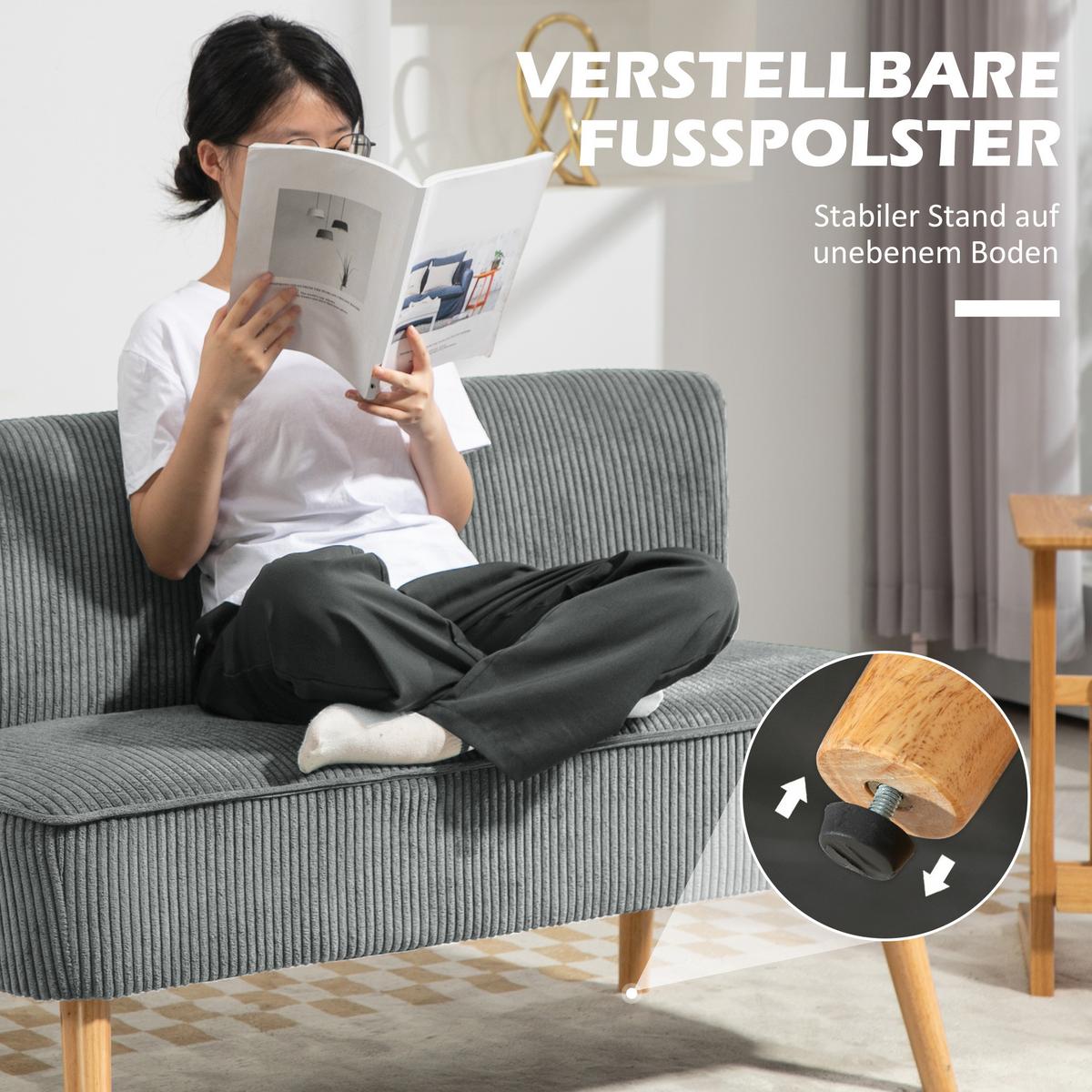 2 Sitzer Sofa, Gepolsterte Couch mit Kordoptik, Holzbeine für Wohnzimmer, Grau - Hellgrau/Naturfarben, Holz/Textil (56.5/77/117cm) - HOMCOM