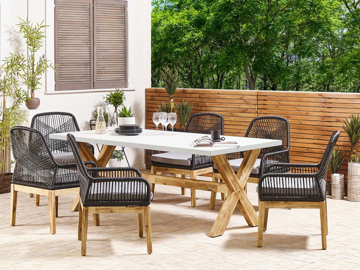 GARTENTISCH Faserzement weiß/heller Holzfarbton 200/100 cm Olbia - Hellbraun/Weiß, Stein (200/100/75cm) - Beliani