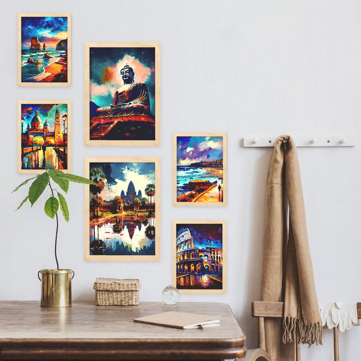 POSTER Set Mit 6 Feuchte Im Ölgemälde Stil A3 & A4 Rahmen Aus Hellem Holz - Beige, Papier (29/3cm) - Nacnic