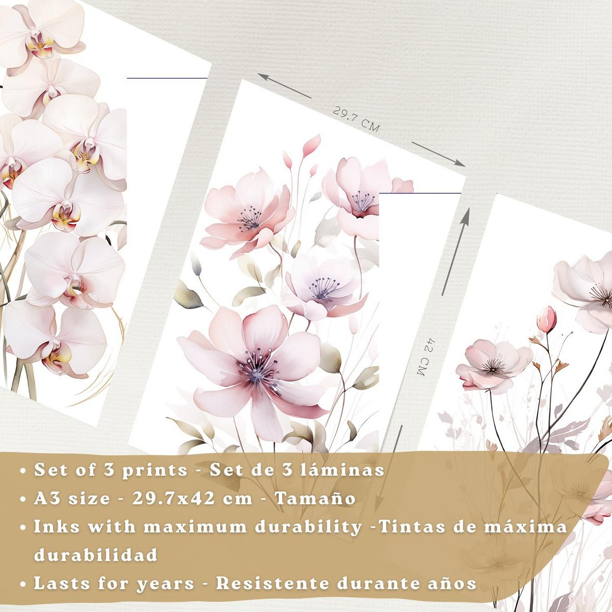 POSTER 3er-Set Wandbilder Orchidee Rosa modern Wohnzimmer Deko, Schlafzimmer, Küche, Badezimmer Rahmenlos A3 - Schwarz, Papier (29.7/1/42cm) - Nacnic