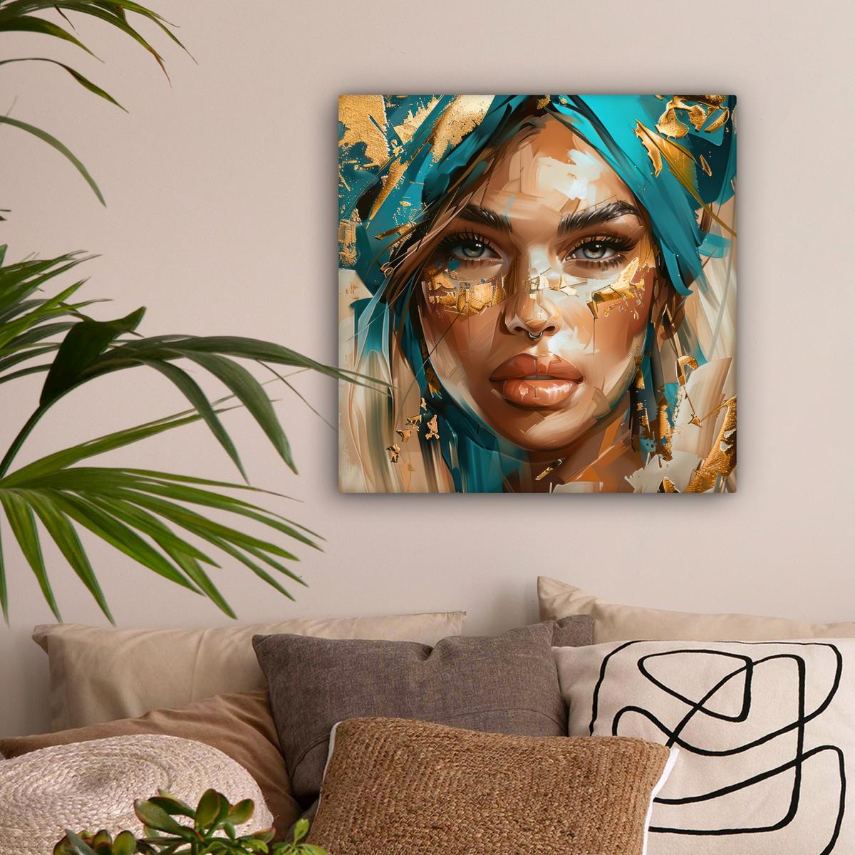 LEINWANDBILD Frau - Porträt - Gold - Luxus - Blau Wandbild Wohnzimmer 50x50 cm - Türkis, Textil (50/50cm) - MuchoWow