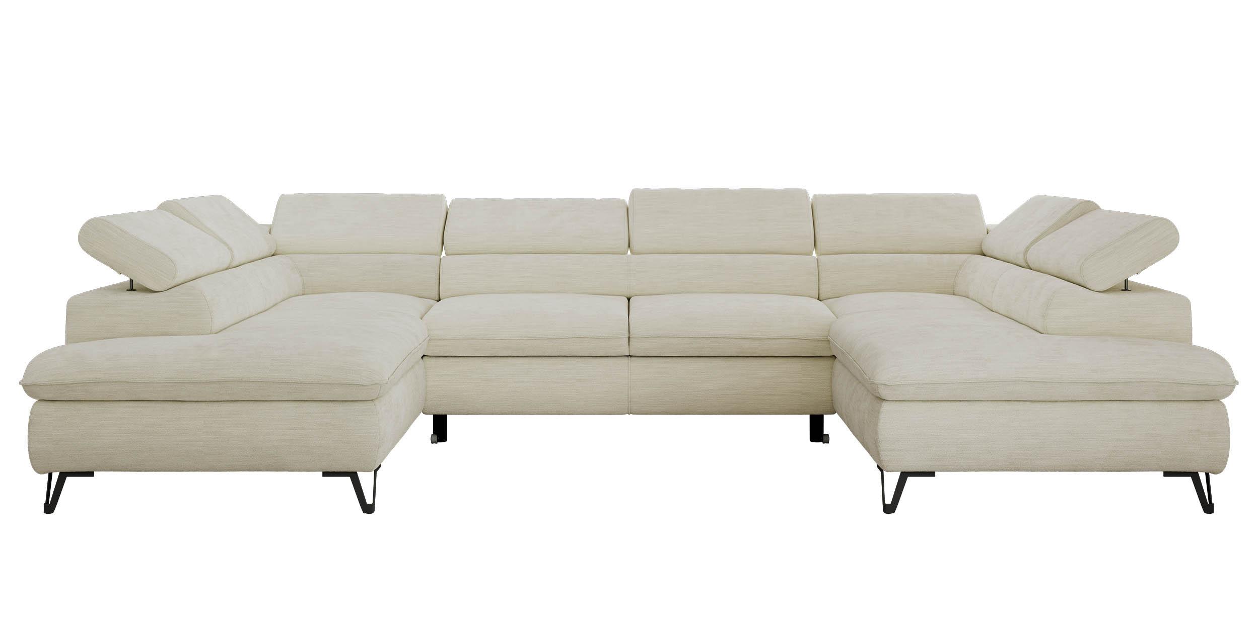 WOHNLANDSCHAFT PABLO U Schenille glatt Creme mit Topper Visco - Creme/Schwarz, Textil/Metall (346/76/208cm) - MKS