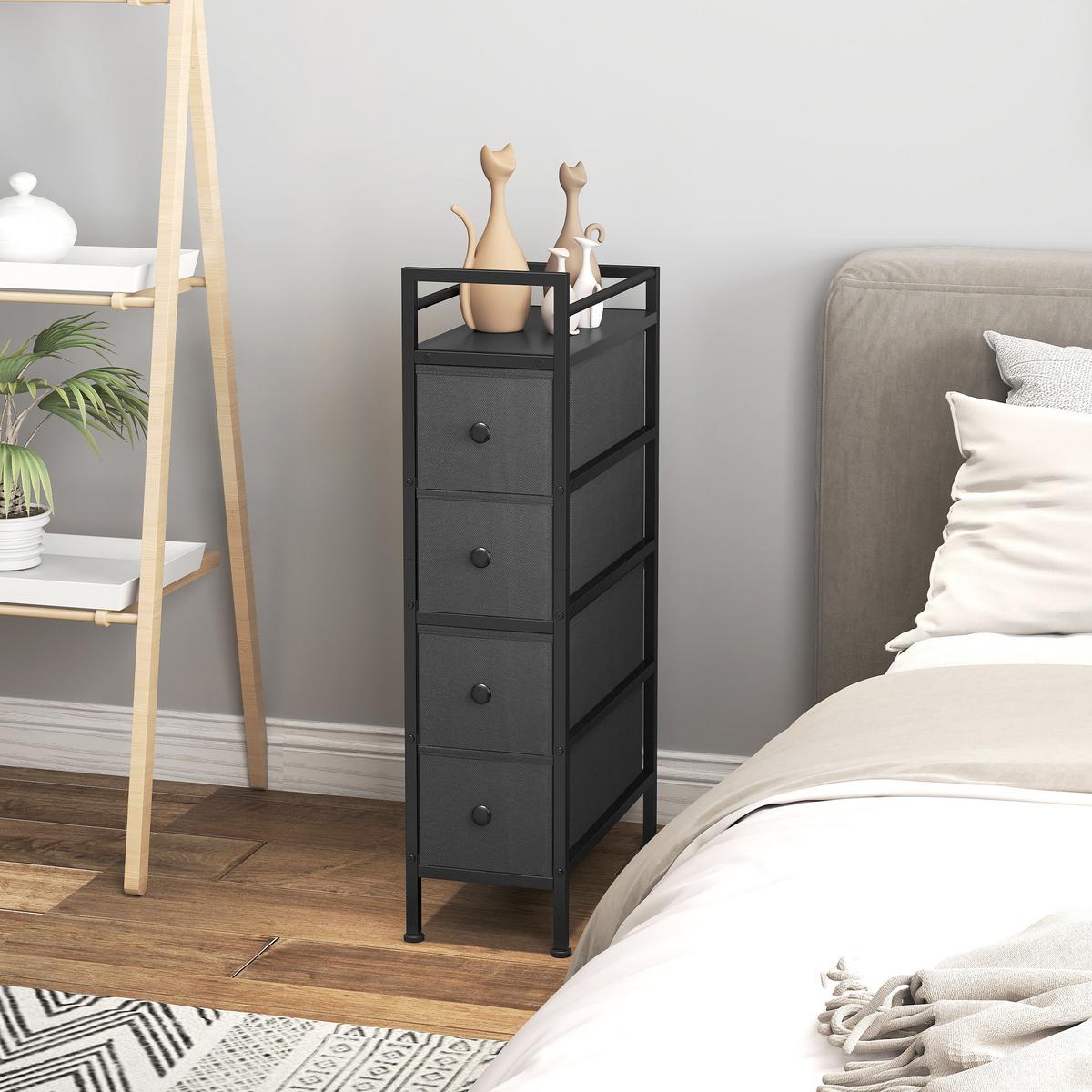 KOMMODE Schrank mit 4 Schubladen aus Vliesstoff Schmal Aufbewahrungsschrank - Schwarz, Kunststoff/Textil (43/81.5/20cm) - HOMCOM