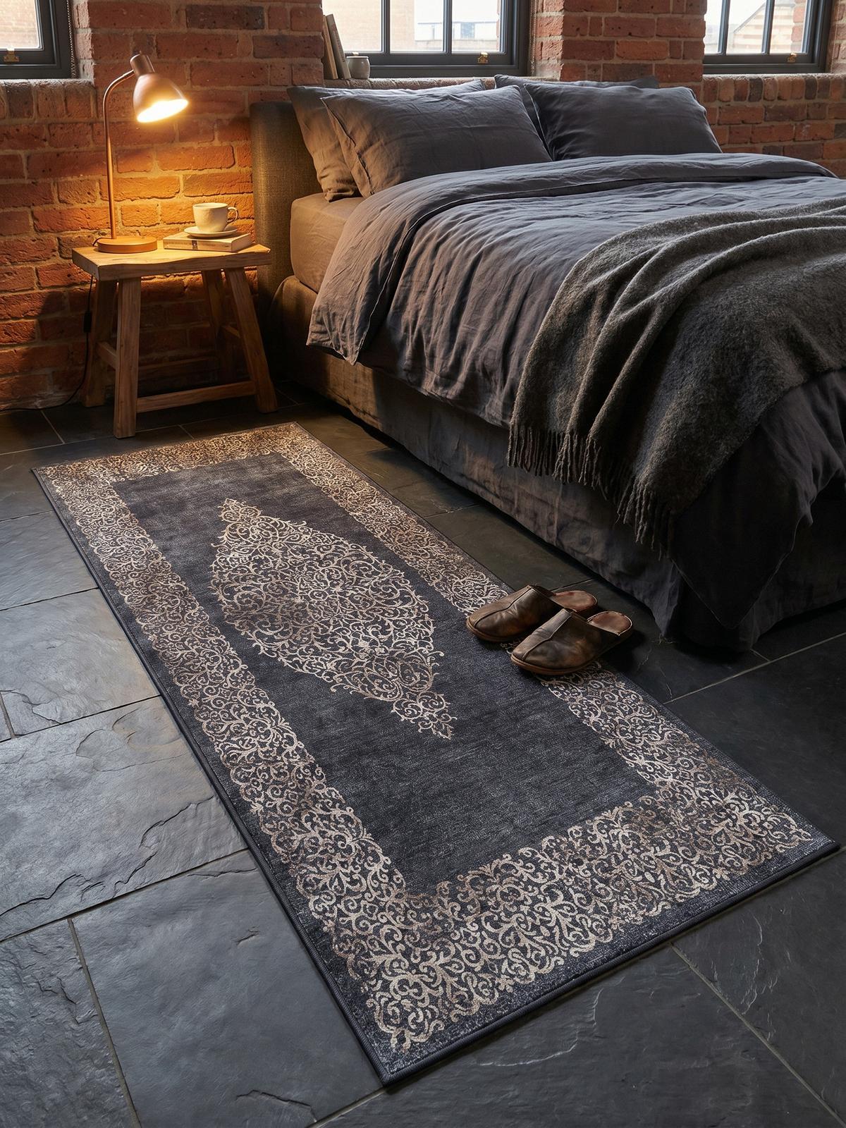 TEPPICH Flachgewebe Waschbar PIZOL in Schwarz, mit Barock-Motiv, 80 x 250 cm - Schwarz, Textil (250/80cm) - KADIMA DESIGN