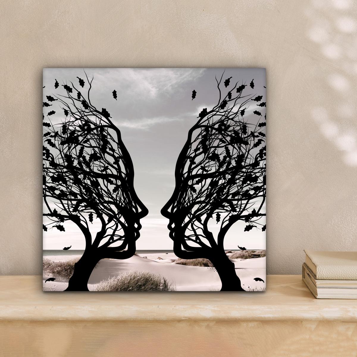 LEINWANDBILD Strand - Meer - Menschen - Baum - Moderne Kunst Deko Wohnzimmer 20x20 cm - Hellgrau, Textil (20/20cm) - MuchoWow
