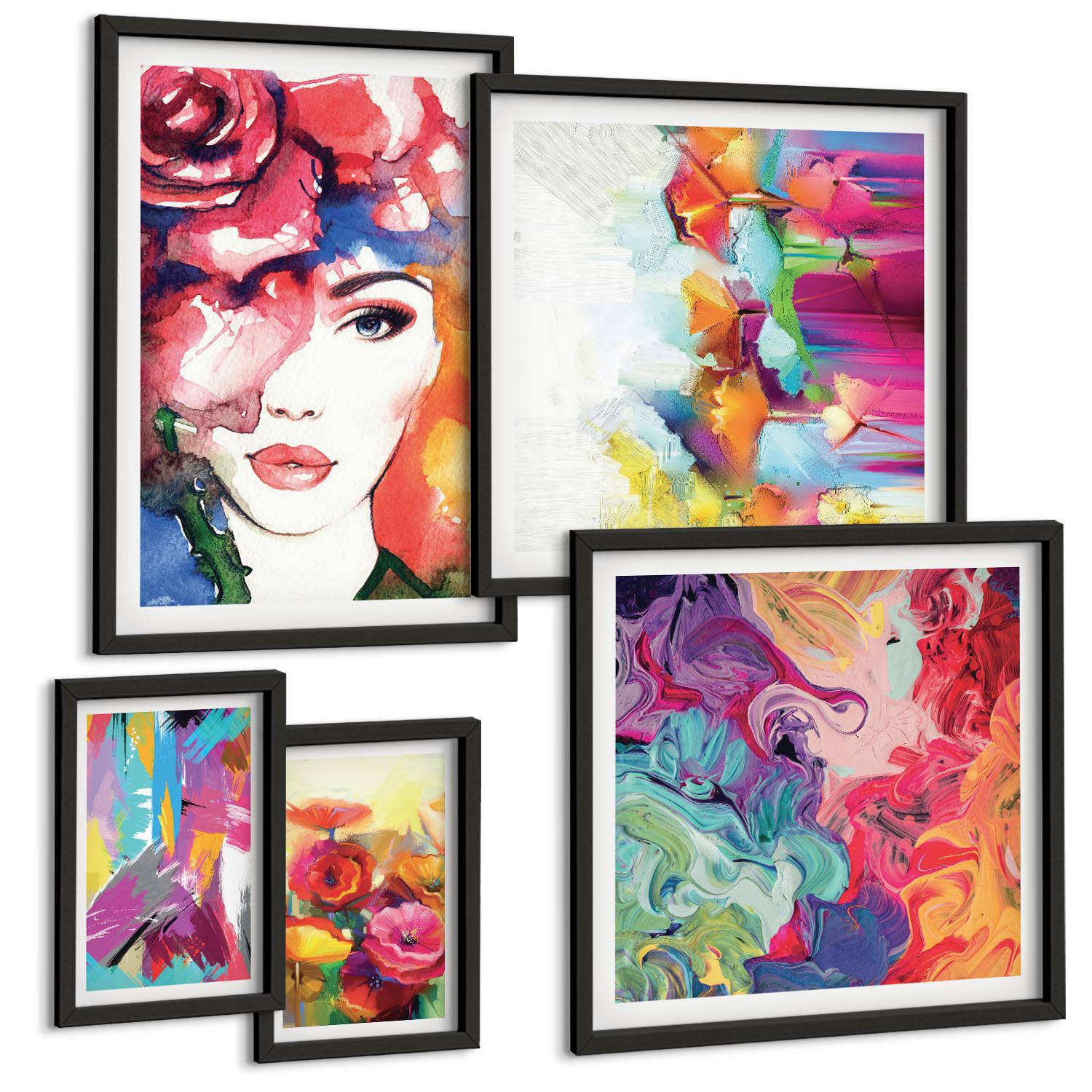 BILDER SET 5er Set - 50x50 cm & 20x30 cm & 40x60 cm Schwarzer Rahmen - Farbenfrohe Abstraktionen der Form - Schwarz, Kunststoff (40/60cm) - TULUP