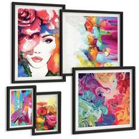 BILDER SET 5er Set - 50x50 cm & 20x30 cm & 40x60 cm Schwarzer Rahmen - Farbenfrohe Abstraktionen der Form - Schwarz, Kunststoff (40/60cm) - TULUP