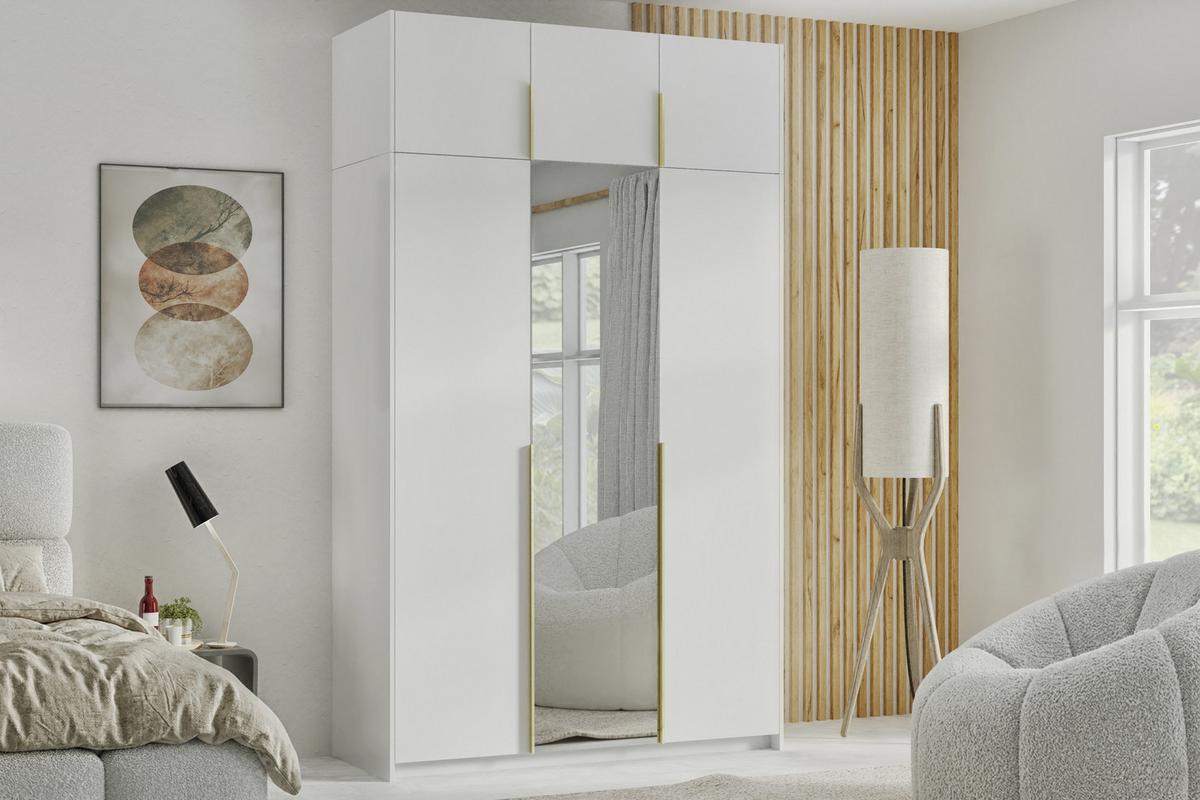 DREHTÜRENSCHRANK THALIA 148/250/58cm 3-türig mit Spiegel Weiß - Weiß, Holzwerkstoff (148/250/58cm) - MASSENO
