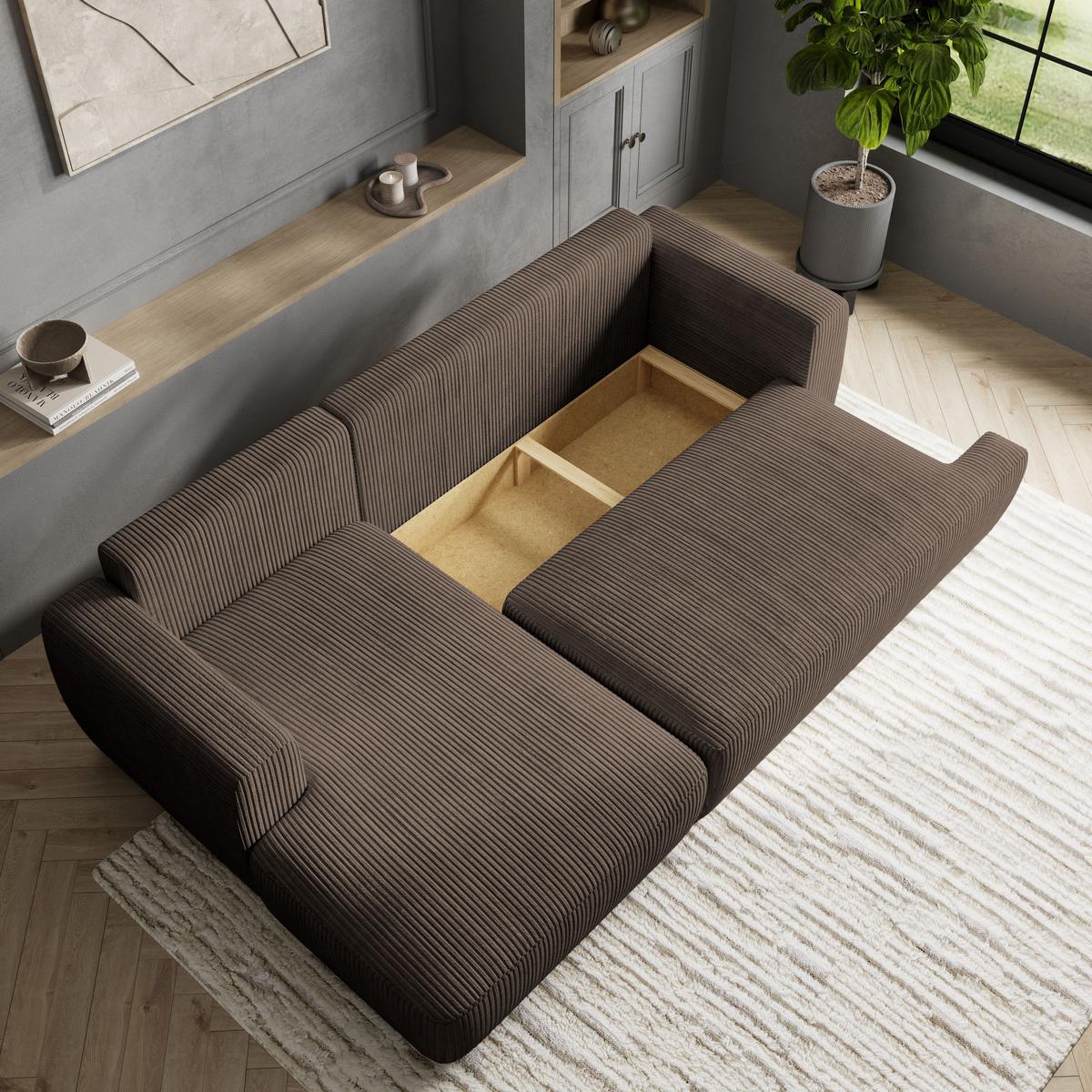 ECKSOFA SENTI P L-S Braun Kordstoff mit Schlaffunktion - Schwarz/Braun, Holz/Kunststoff (246/148cm) - MASSENO